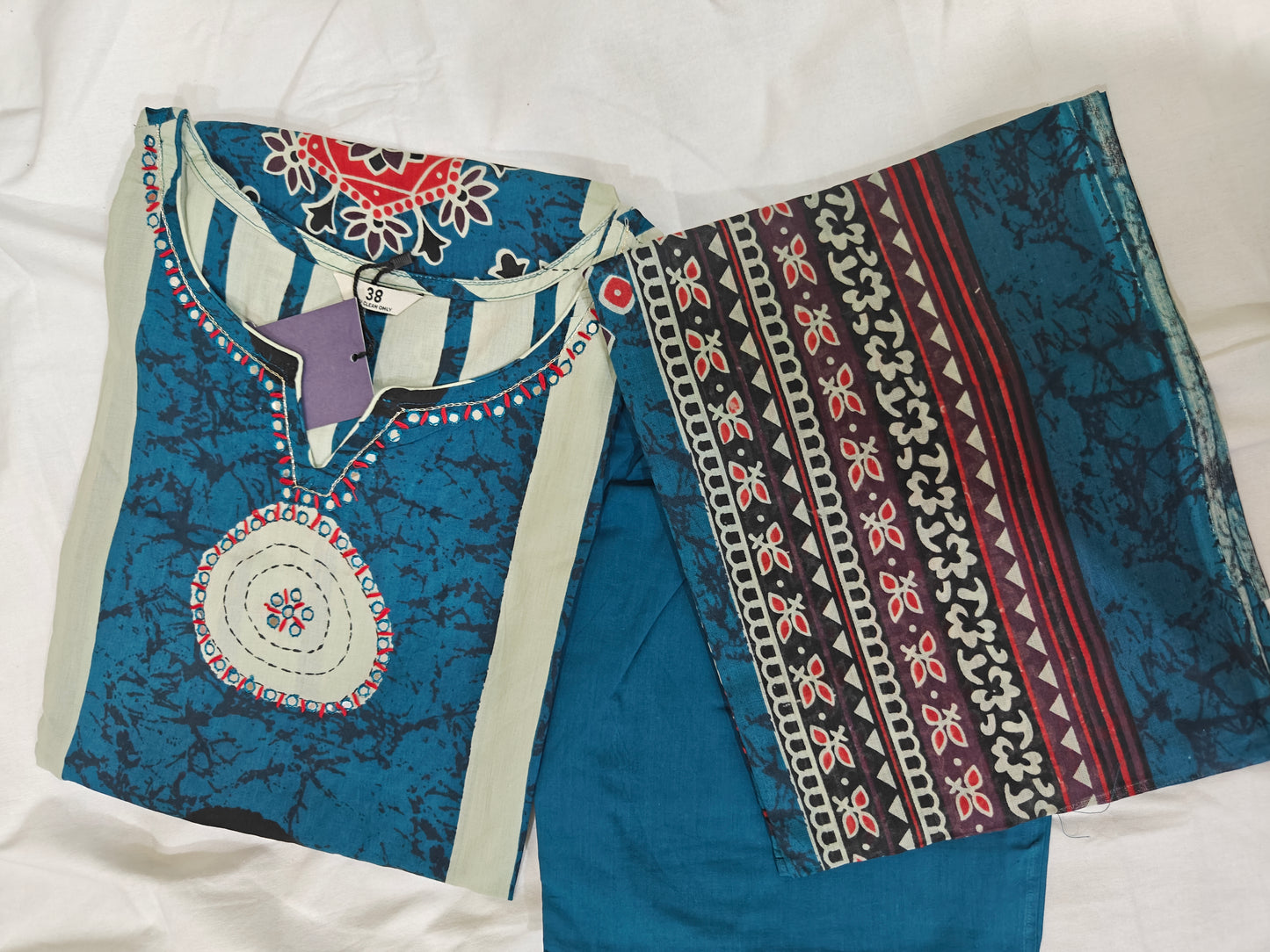 Sky Blue Brajbhoomi Ajrakh Printed Cotton Suit | 3-Piece Ethnic Kurta Set with Handwork Neckline | Cotton Pants & Printed Dupatta | Casual & Festive Wear