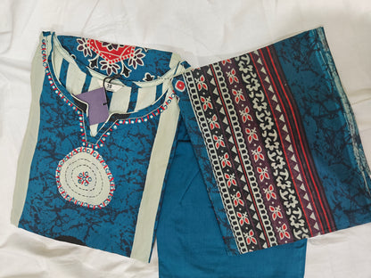 Sky Blue Brajbhoomi Ajrakh Printed Cotton Suit | 3-Piece Ethnic Kurta Set with Handwork Neckline | Cotton Pants & Printed Dupatta | Casual & Festive Wear