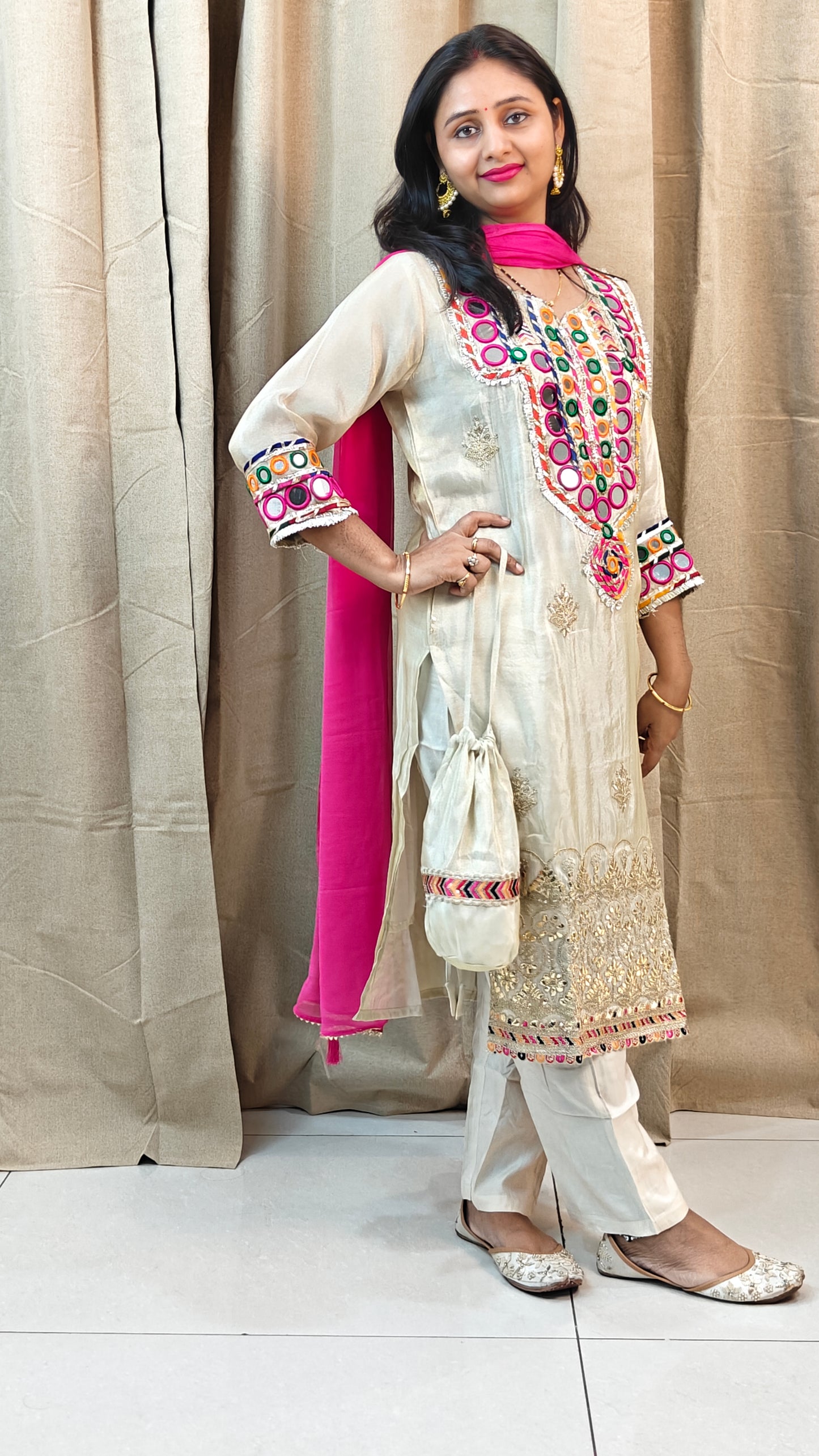 Off white golden pink 3 piece suit w potli
