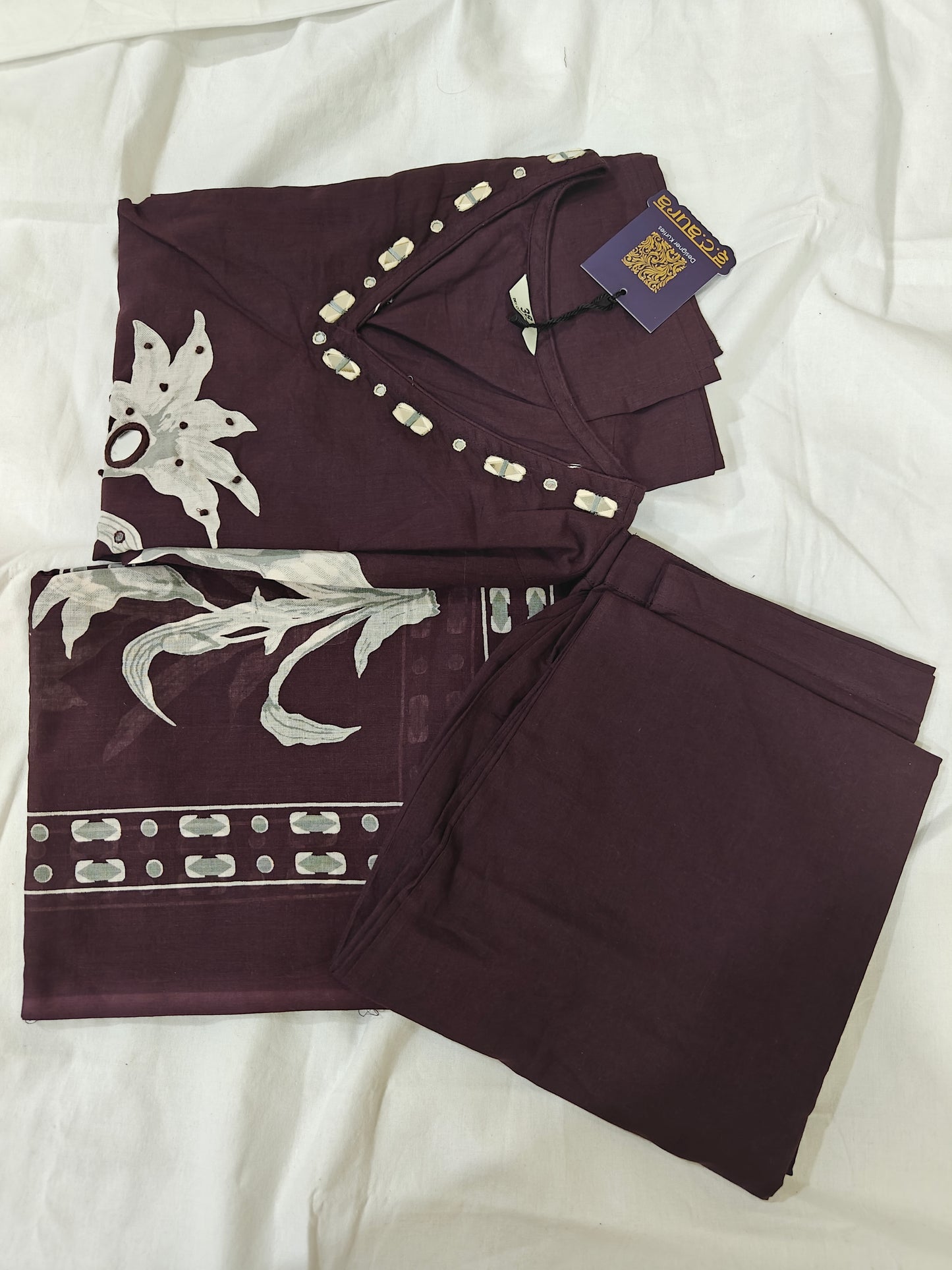 Dark Wine Cotton Kurta Set with Mirror Work | 3-Piece Women's Ethnic Suit | Floral Print & Mirror Embellishment | Festive & Casual Wear