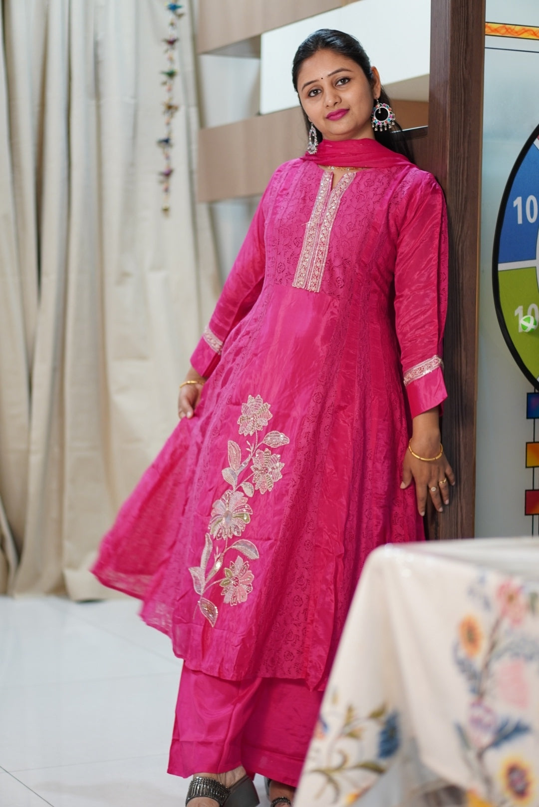 Fuchsia Pink Designer Kurta Set with Floral Embroidery | Straight Kurta with Pants & Dupatta | Women's Ethnic Wear