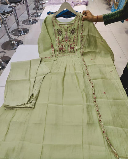 Pista Mal Chanderi Flared Kurta Set | 3-Piece Ethnic Suit with Heavy Yoke & Sleeve Embroidery | Front Pleated A-Line Kurta | Festive & Wedding Wear