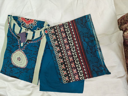 Sky Blue Brajbhoomi Ajrakh Printed Cotton Suit | 3-Piece Ethnic Kurta Set with Handwork Neckline | Cotton Pants & Printed Dupatta | Casual & Festive Wear