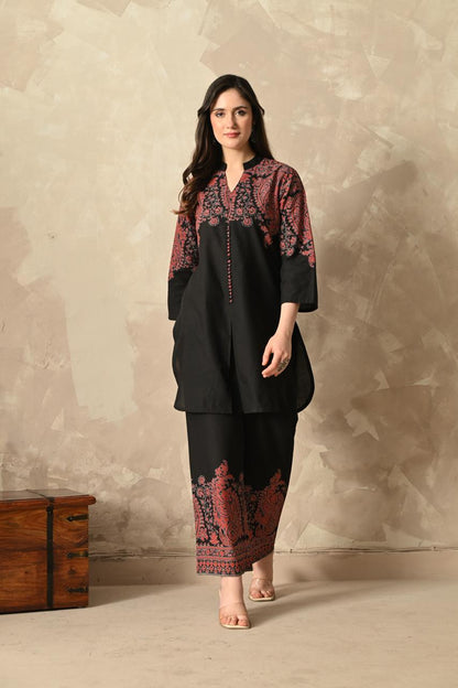 Black Cotton Kaani Printed Coord Set | 2-Piece Designer Ethnic Suit | Placement Print Kurta with Printed Palazzo | Festive & Casual Wear