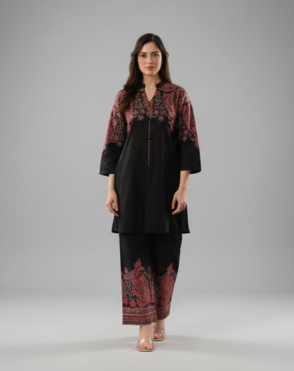 Black Cotton Kaani Printed Coord Set | 2-Piece Designer Ethnic Suit | Placement Print Kurta with Printed Palazzo | Festive & Casual Wear