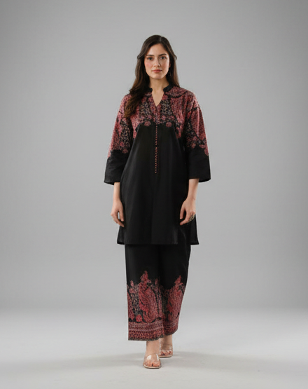 Black Cotton Kaani Printed Coord Set | 2-Piece Designer Ethnic Suit | Placement Print Kurta with Printed Palazzo | Festive & Casual Wear