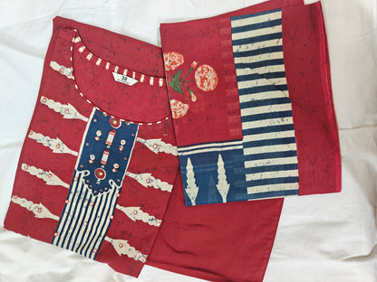 Dark Pink & Blue Brajbhoomi Ajrakh Printed Cotton Suit | 3-Piece Ethnic Kurta Set with Handwork Neckline | Cotton Pants & Printed Dupatta | Festive & Casual Wear