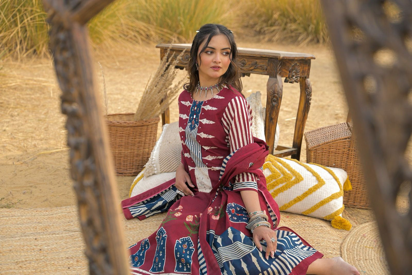 Dark Pink & Blue Brajbhoomi Ajrakh Printed Cotton Suit | 3-Piece Ethnic Kurta Set with Handwork Neckline | Cotton Pants & Printed Dupatta | Festive & Casual Wear