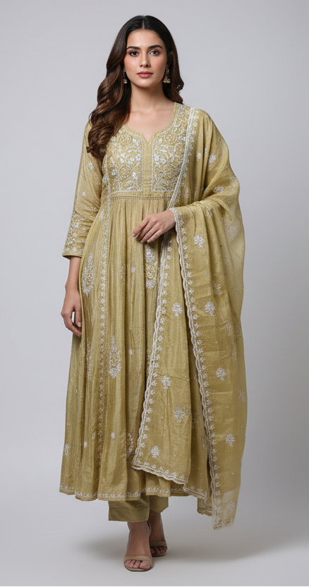 Yellow Shimmer Embroidery Suit | Golden Shimar Anarkali Kurta Set for Women | 3-Piece Ethnic Suit | Festive & Party Wear