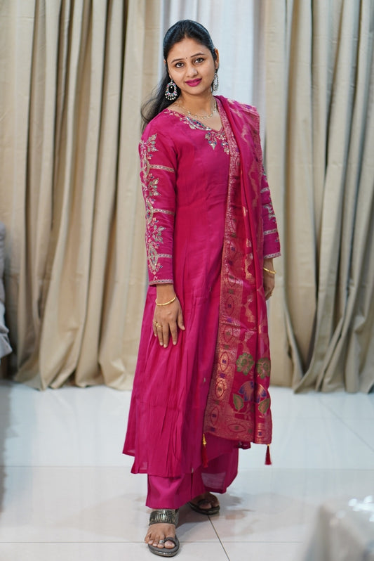 Premium Pink Embroidered 3-Piece Kurta Set with Gold Floral Work | Women's Ethnic Suit | Wedding & Festive Wear