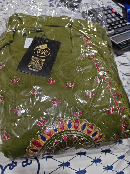 Mehndi Green Embroidered Kurta Set | 3-Piece Ethnic Suit for Women | Festive & Casual Wear