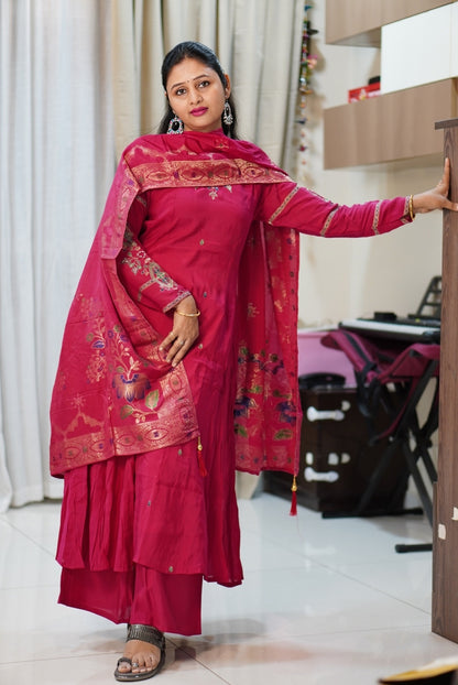 Premium Pink Embroidered 3-Piece Kurta Set with Gold Floral Work | Women's Ethnic Suit | Wedding & Festive Wear