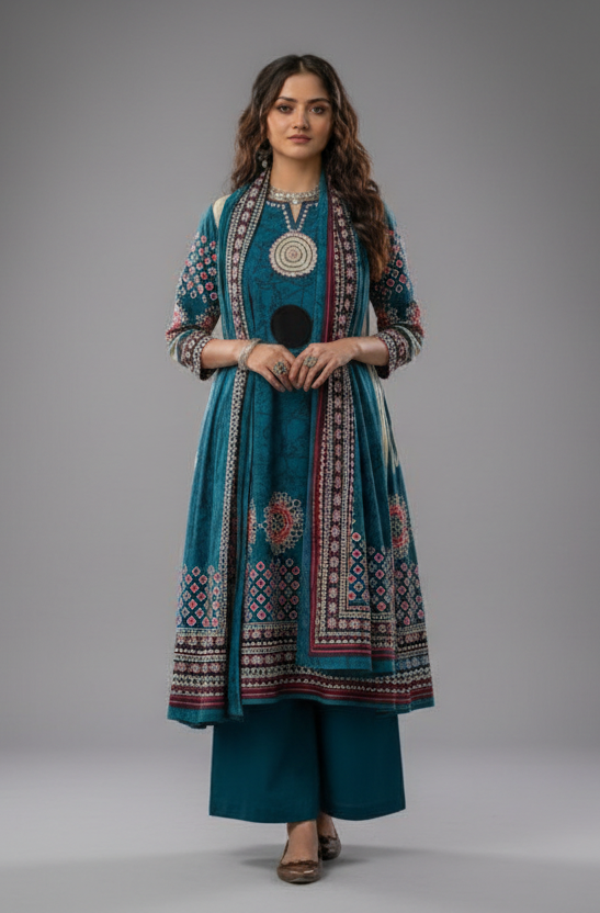 Sky Blue Brajbhoomi Ajrakh Printed Cotton Suit | 3-Piece Ethnic Kurta Set with Handwork Neckline | Cotton Pants & Printed Dupatta | Casual & Festive Wear