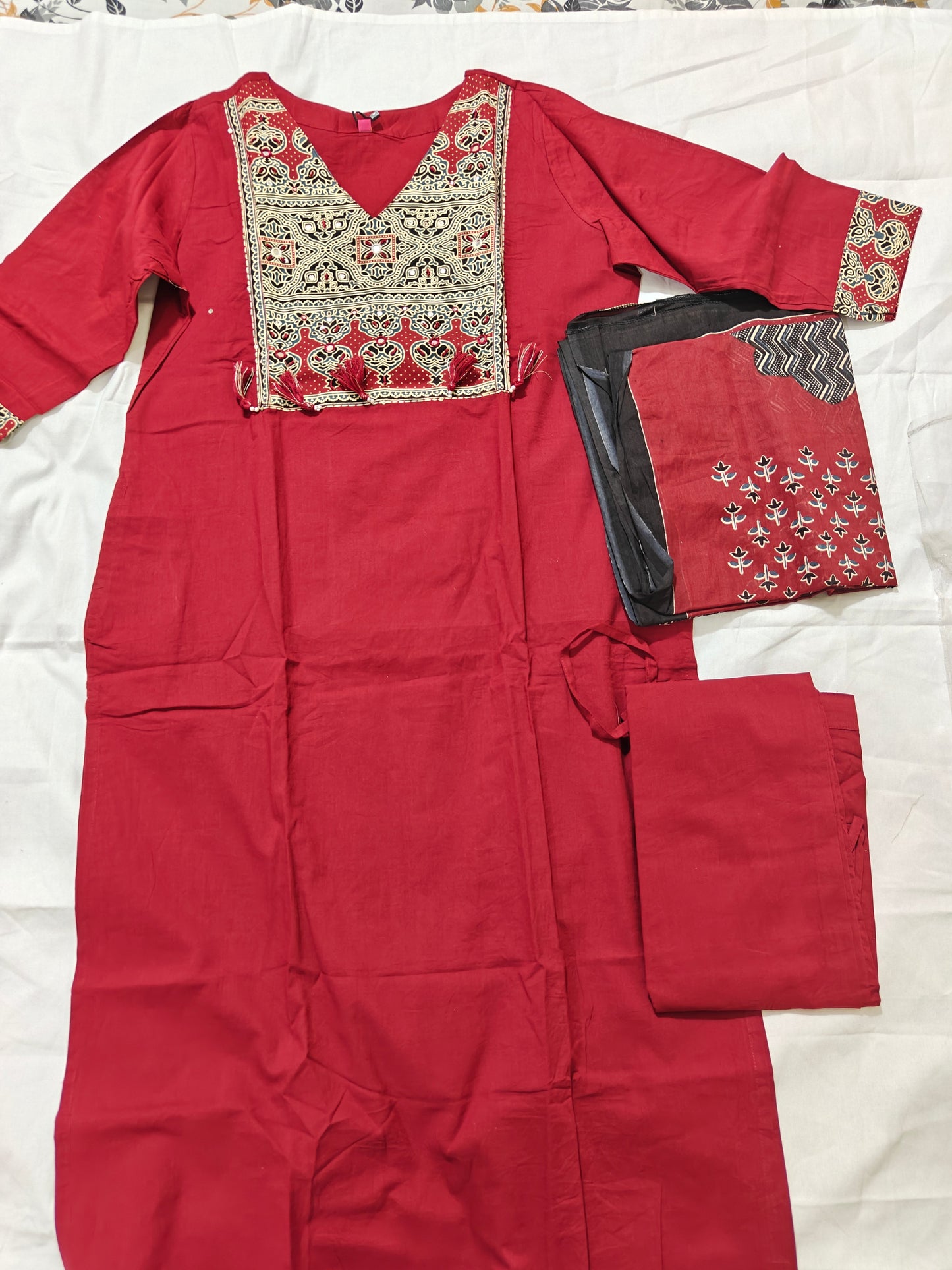 Red Cotton Printed 3-Piece Kurta Set | Ethnic Suit for Women with Geometric Print | Casual & Festive Wear