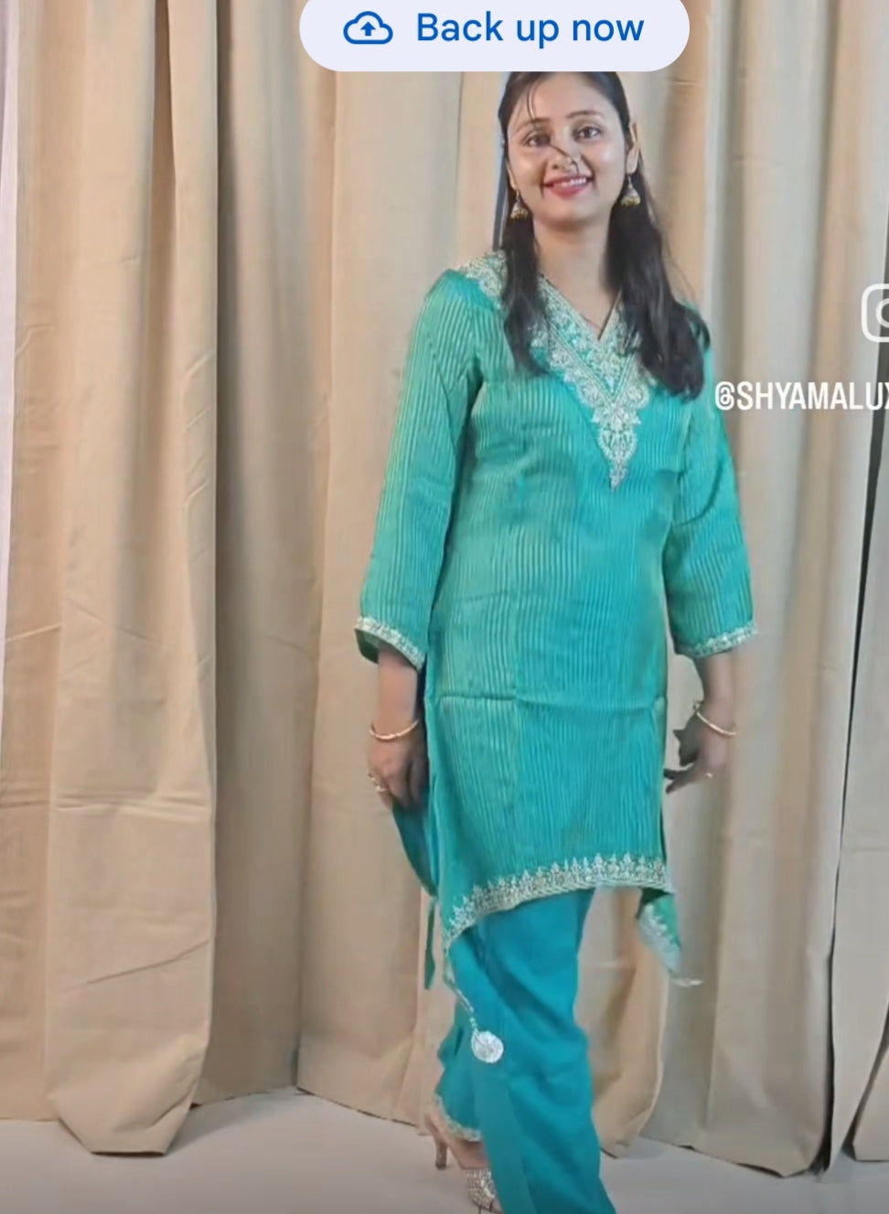 Teal Cyan 3-Piece Kurta Set with Golden Zari Embroidery | Ethnic Suit for Women | Festive & Party Wear