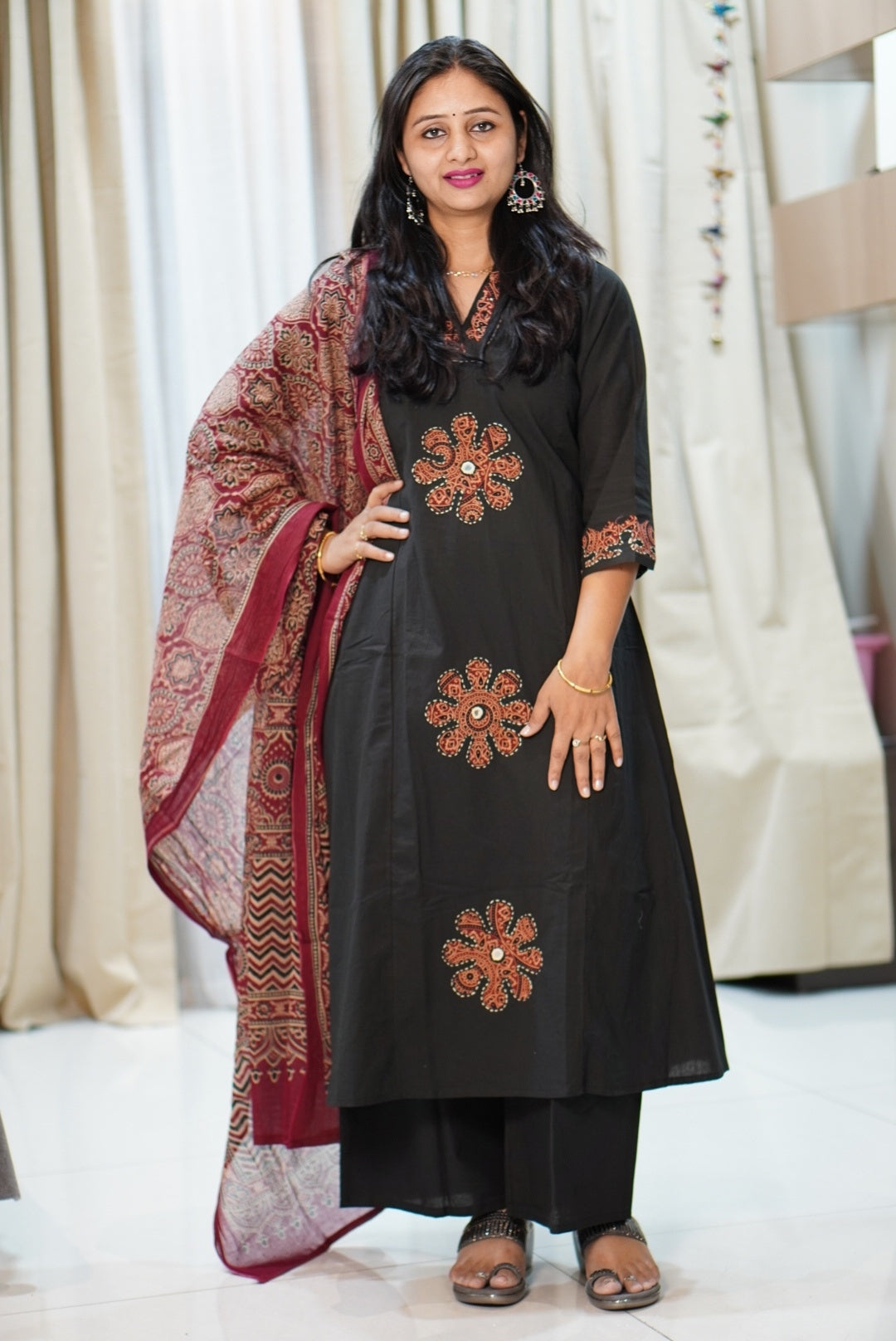 Black Ajrak Block Print 3-Piece Kurta Set with Red Motifs | Traditional Ethnic Suit for Women | Festive & Casual Wear