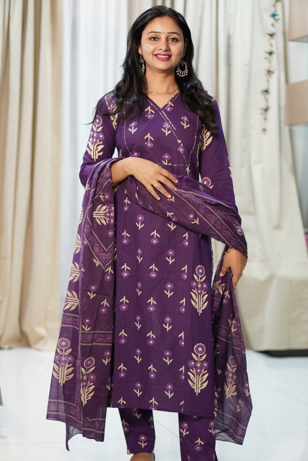 Deep Purple Floral Printed 3-Piece Kurta Set with Gold Motifs | Women's Ethnic Wear | Festive & Casual Collection