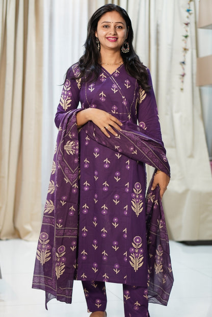 Deep Purple Floral Printed 3-Piece Kurta Set with Gold Motifs | Women's Ethnic Wear | Festive & Casual Collection