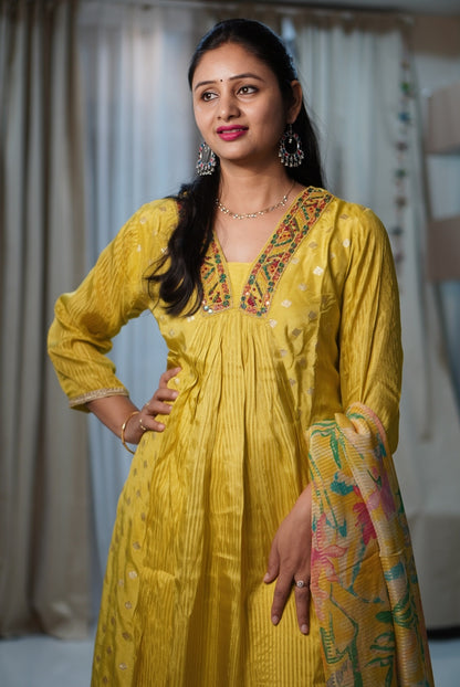 Yellow Silk Anarkali Designer Suit with Multicolor Embroidery & Printed Dupatta | Ethnic Wear for Women | Festive & Casual Collection