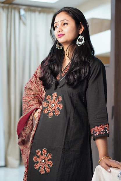 Black Ajrak Block Print 3-Piece Kurta Set with Red Motifs | Traditional Ethnic Suit for Women | Festive & Casual Wear