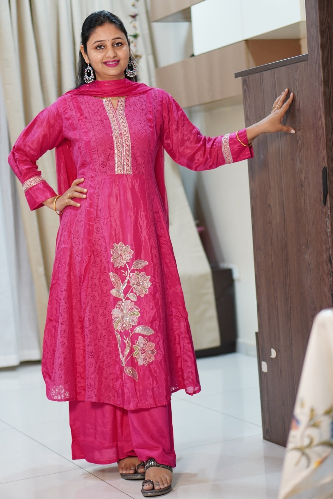 Fuchsia Pink Designer Kurta Set with Floral Embroidery | Straight Kurta with Pants & Dupatta | Women's Ethnic Wear