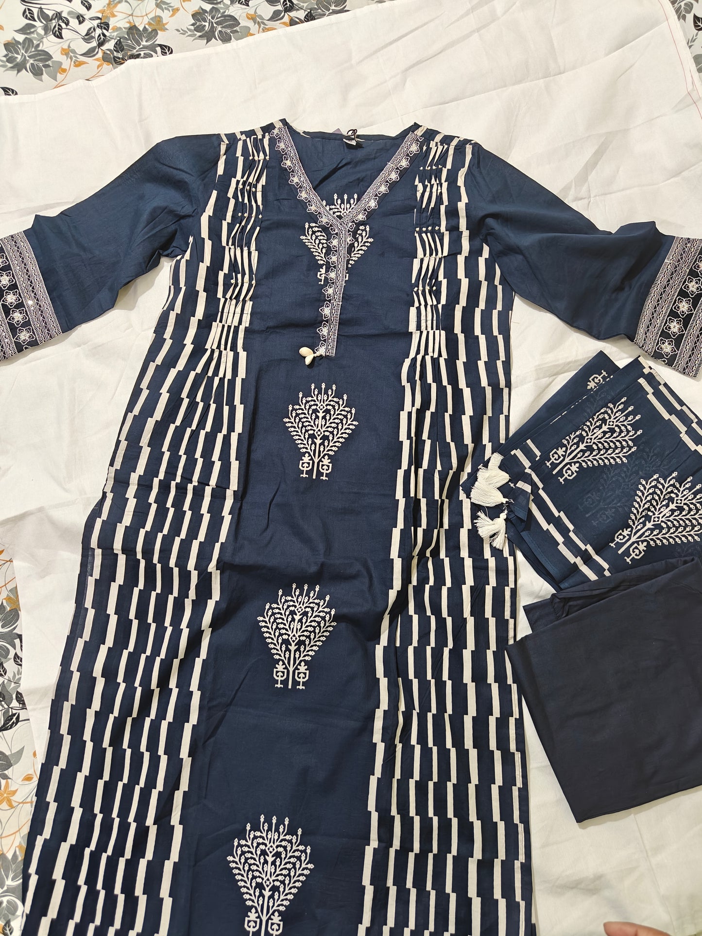 Dark Blue Cotton 3-Piece Kurta Set with Geometric Block Print | Women's Ethnic Suit | Casual & Festive Wear