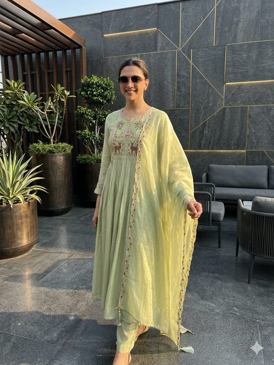 Pista Mal Chanderi Flared Kurta Set | 3-Piece Ethnic Suit with Heavy Yoke & Sleeve Embroidery | Front Pleated A-Line Kurta | Festive & Wedding Wear