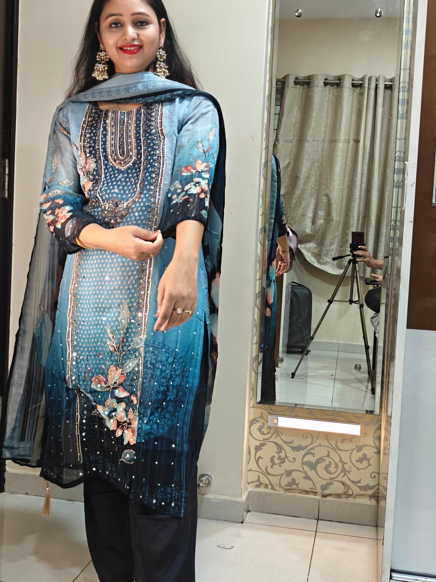 Blue Shaded Embroidered Kurta Set | Ombre Blue Women's Ethnic Suit | Festive & Casual Wear
