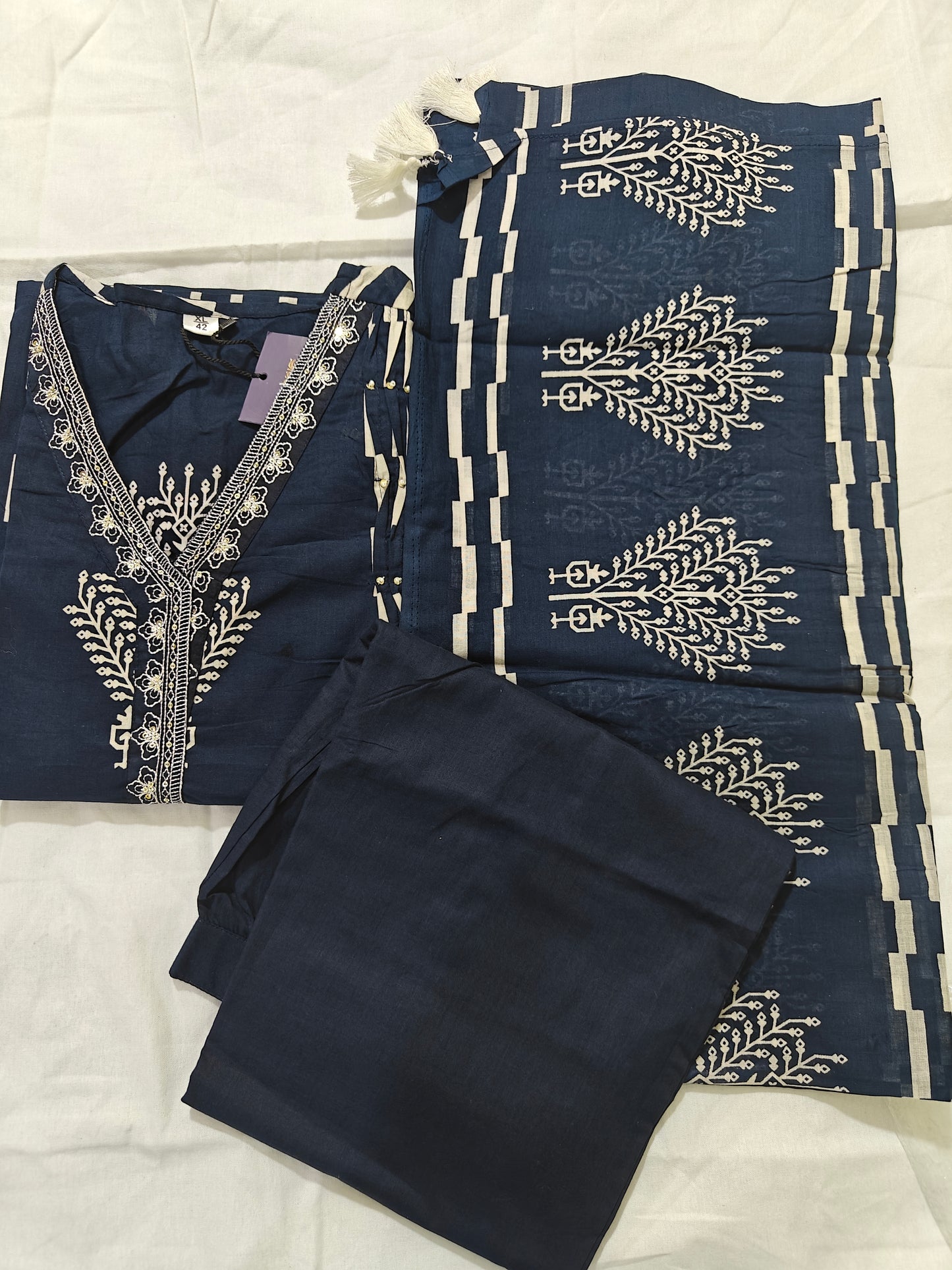 Dark Blue Cotton 3-Piece Kurta Set with Geometric Block Print | Women's Ethnic Suit | Casual & Festive Wear