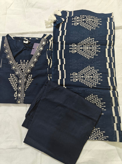 Dark Blue Cotton 3-Piece Kurta Set with Geometric Block Print | Women's Ethnic Suit | Casual & Festive Wear