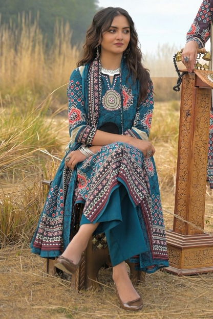 Sky Blue Brajbhoomi Ajrakh Printed Cotton Suit | 3-Piece Ethnic Kurta Set with Handwork Neckline | Cotton Pants & Printed Dupatta | Casual & Festive Wear