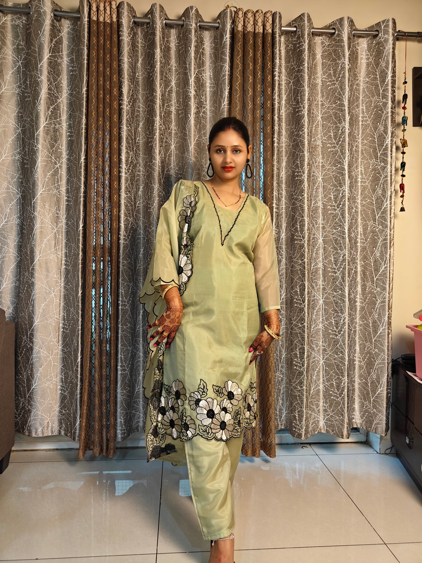 Pista Green & Black Border Kurta Set | 3-Piece Ethnic Suit for Women | Casual & Festive Wear