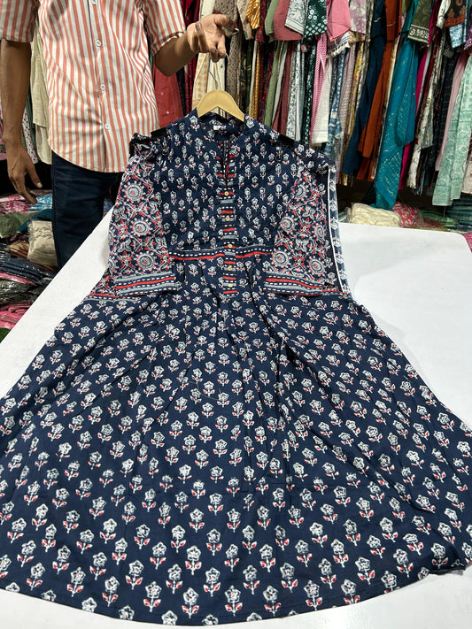 Navy Blue Block Print Floral 3-Piece Kurta Set | Cotton Ethnic Suit for Women | Casual & Festive Wear