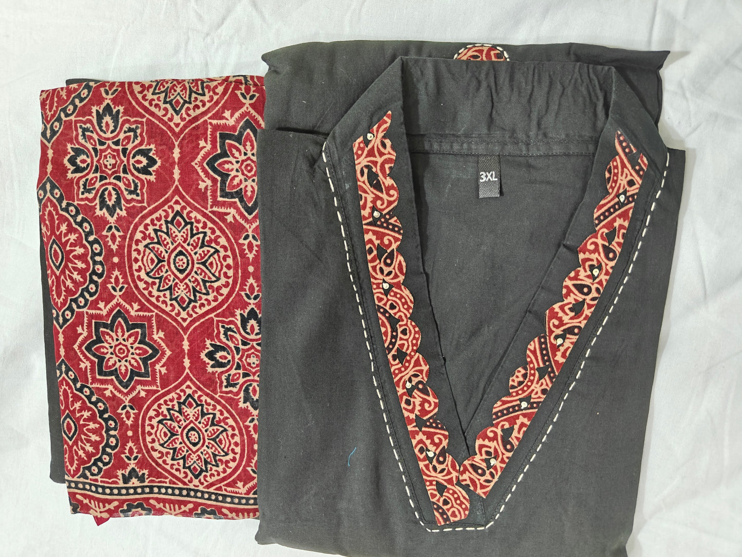 Black Ajrak Block Print 3-Piece Kurta Set with Red Motifs | Traditional Ethnic Suit for Women | Festive & Casual Wear
