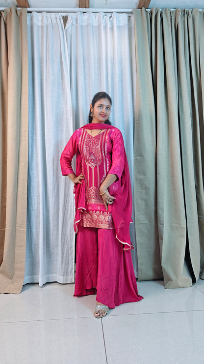 Pink Silk Sharara Set with Gold Zari Embroidery | 3-Piece Ethnic Suit for Women | Wedding & Festive Wear