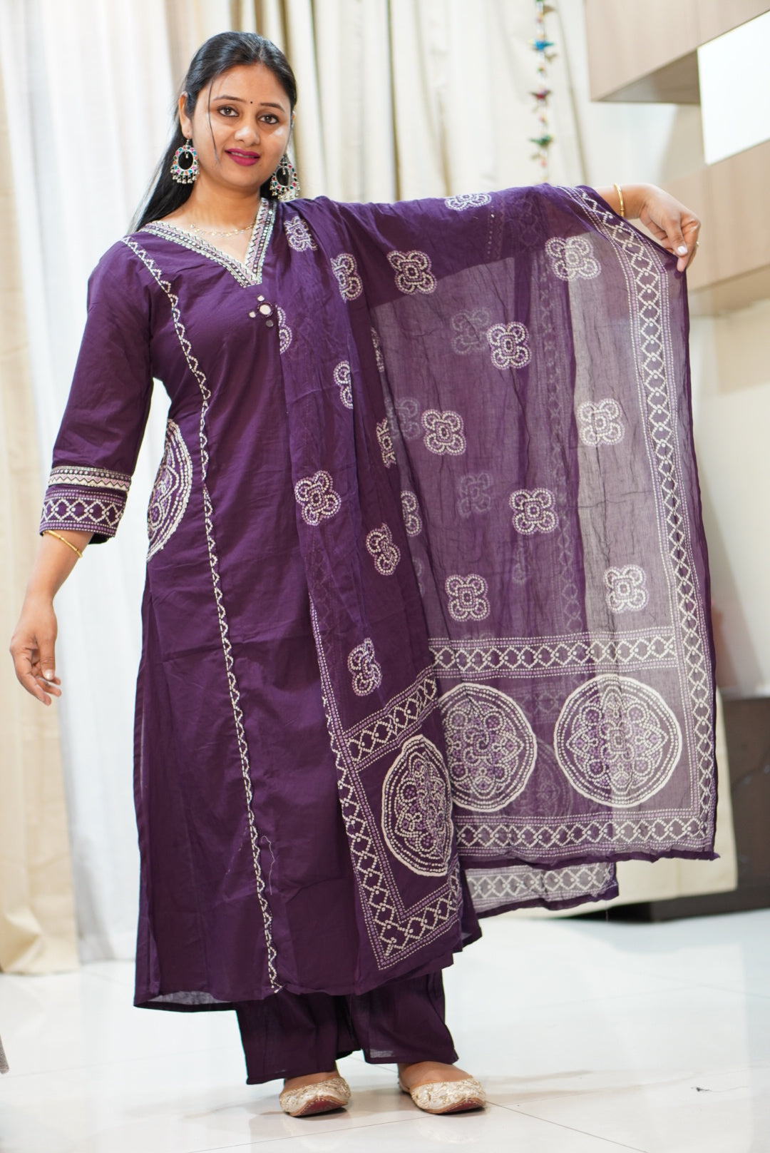 Deep Purple Pure Cotton A-Line Kurta Set with White Chikankari Embroidery | 3-Piece Ethnic Suit for Women | Casual & Festive Wear