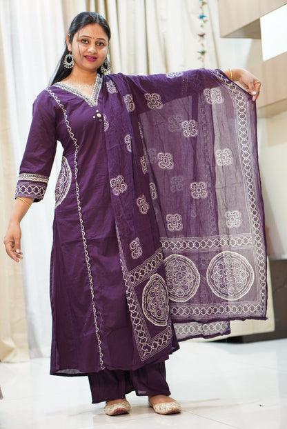 Deep Purple Pure Cotton A-Line Kurta Set with White Chikankari Embroidery | 3-Piece Ethnic Suit for Women | Casual & Festive Wear