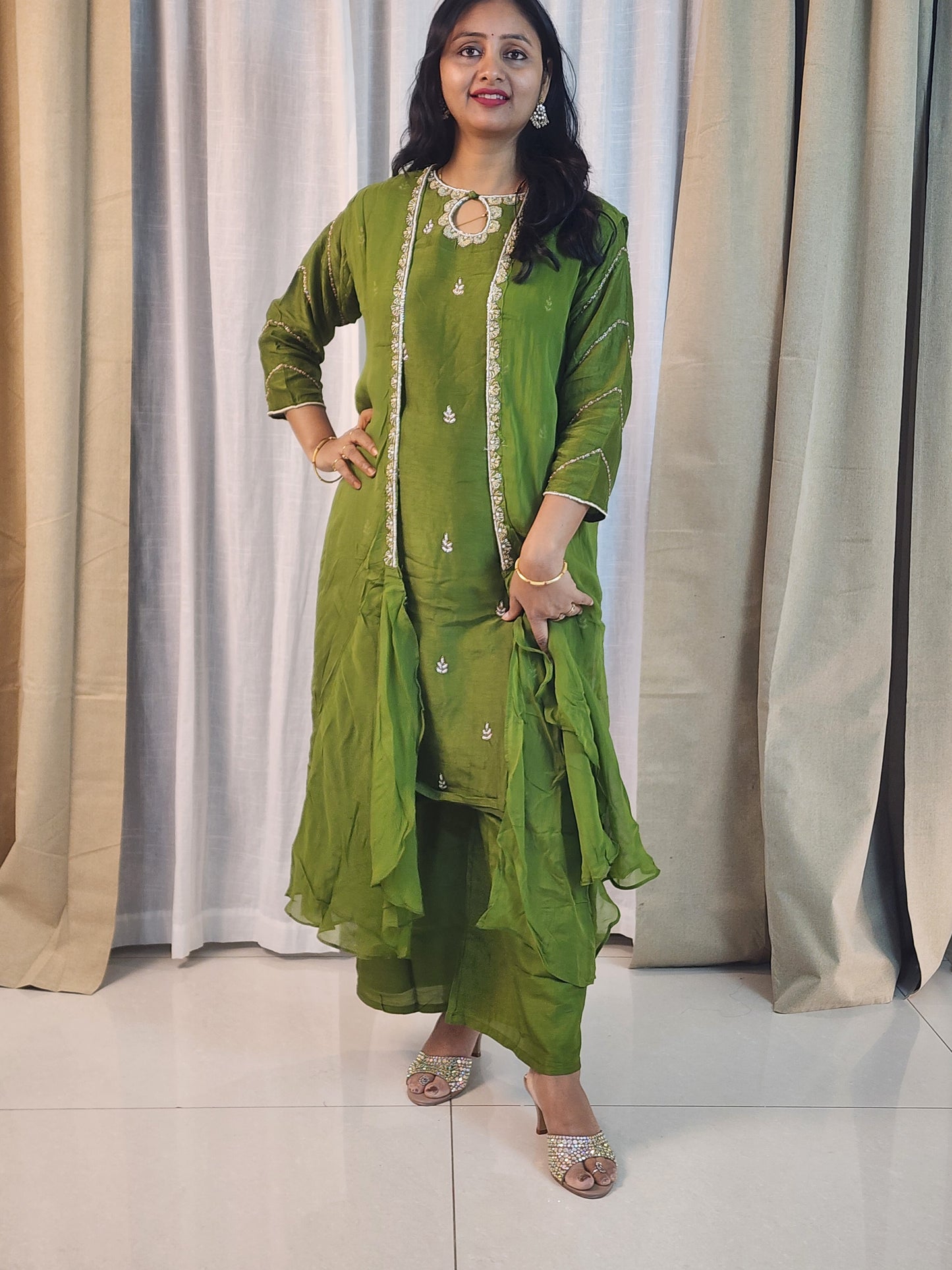 Mehendi Green Designer Kurta Set with Silver Embroidery | Indo-Western Ethnic Suit for Women | Festive & Party Wear