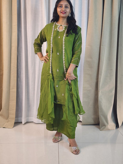 Mehendi Green Designer Kurta Set with Silver Embroidery | Indo-Western Ethnic Suit for Women | Festive & Party Wear