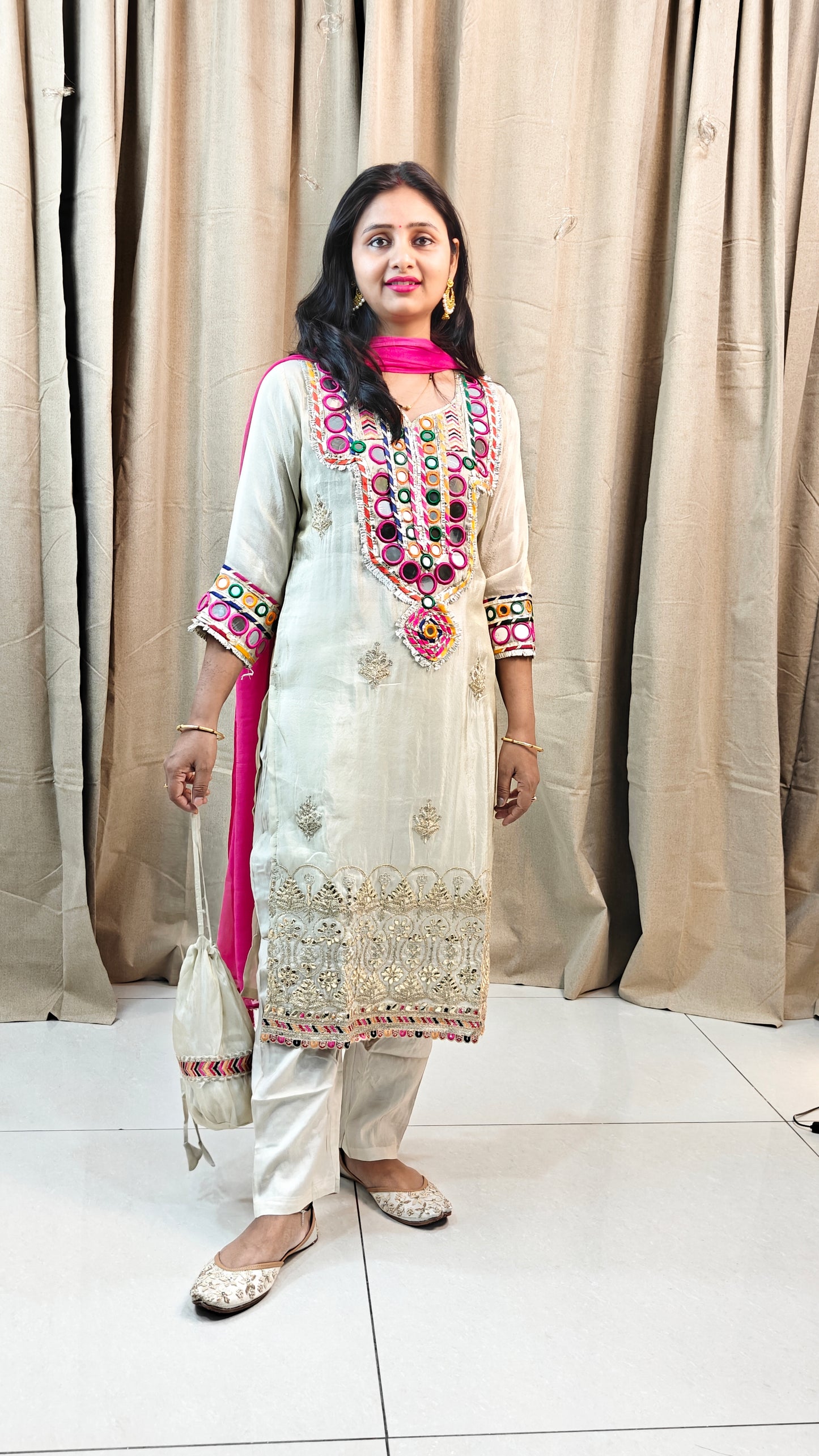 Off white golden pink 3 piece suit w potli