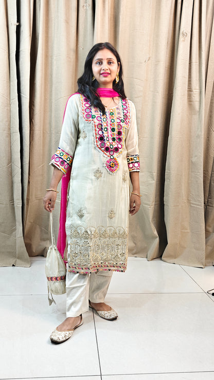 Off white golden pink 3 piece suit w potli