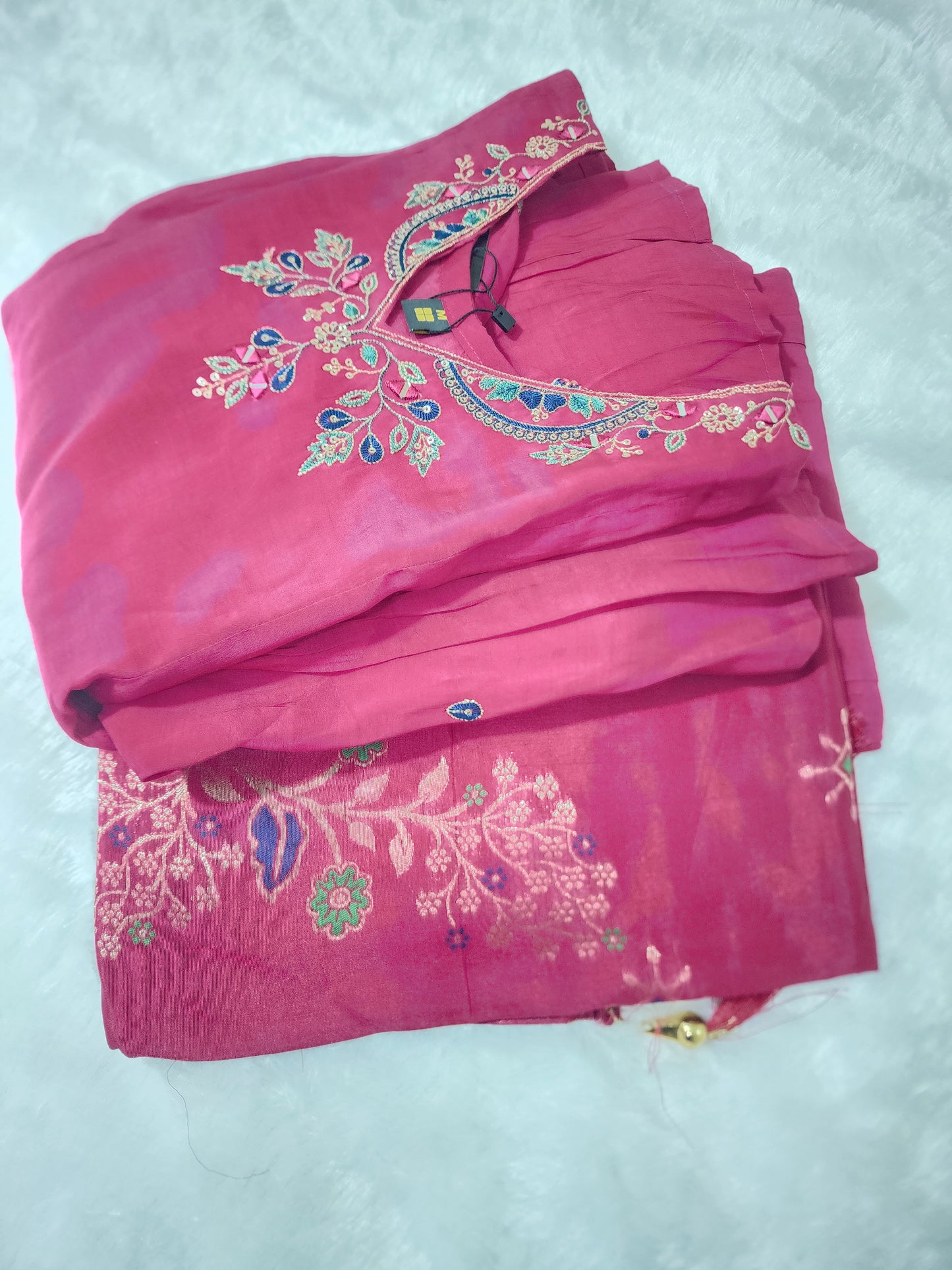 Premium Pink Embroidered 3-Piece Kurta Set with Gold Floral Work | Women's Ethnic Suit | Wedding & Festive Wear