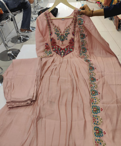 Light Pink Mal Chanderi A-Line Kurta Set | 3-Piece Ethnic Suit with Heavy Yoke Embroidery | Silk Pants & Embroidered Dupatta | Festive & Wedding Wear
