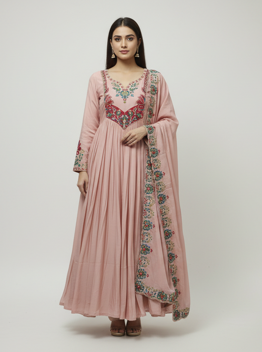 Light Pink Mal Chanderi A-Line Kurta Set | 3-Piece Ethnic Suit with Heavy Yoke Embroidery | Silk Pants & Embroidered Dupatta | Festive & Wedding Wear