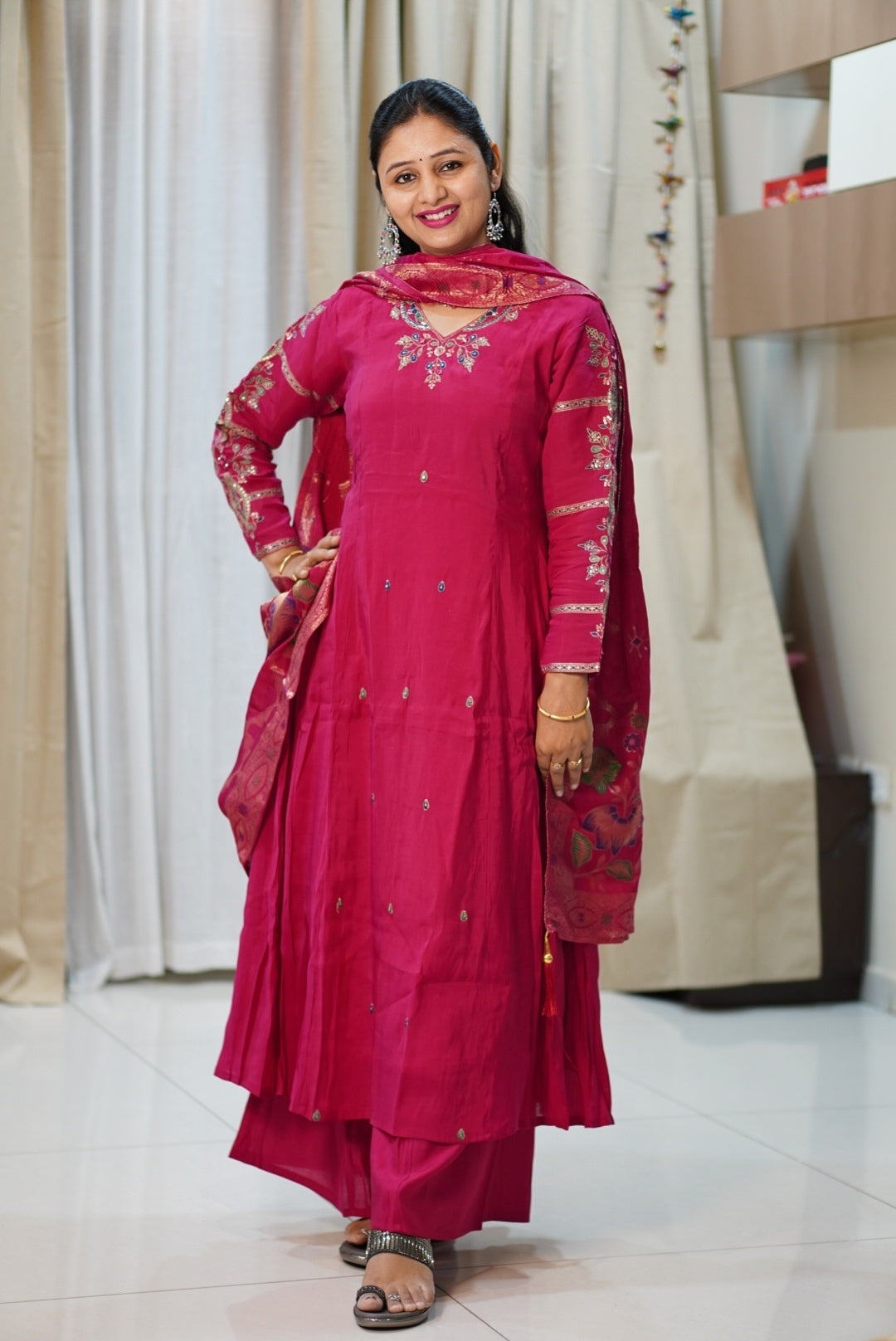 Premium Pink Embroidered 3-Piece Kurta Set with Gold Floral Work | Women's Ethnic Suit | Wedding & Festive Wear