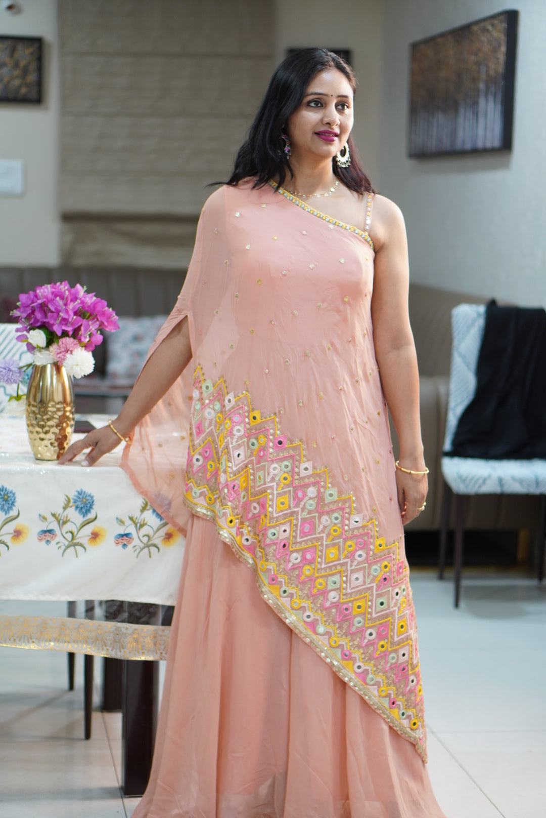 Peach Georgette Indo-Western Suit with Multicolor Floral Embroidery | Ethnic Fusion Wear for Women | Party & Festive Collection