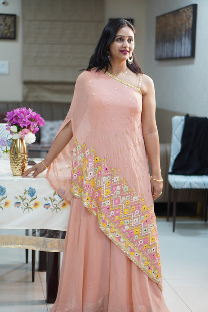 Peach Georgette Indo-Western Suit with Multicolor Floral Embroidery | Ethnic Fusion Wear for Women | Party & Festive Collection