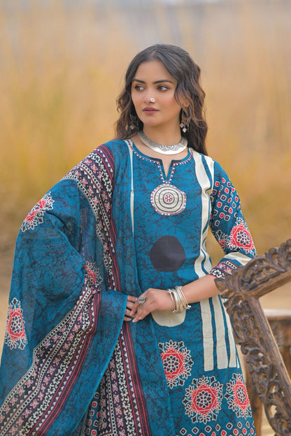 Sky Blue Brajbhoomi Ajrakh Printed Cotton Suit | 3-Piece Ethnic Kurta Set with Handwork Neckline | Cotton Pants & Printed Dupatta | Casual & Festive Wear
