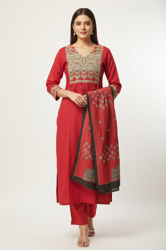 Red Cotton Printed 3-Piece Kurta Set | Ethnic Suit for Women with Geometric Print | Casual & Festive Wear