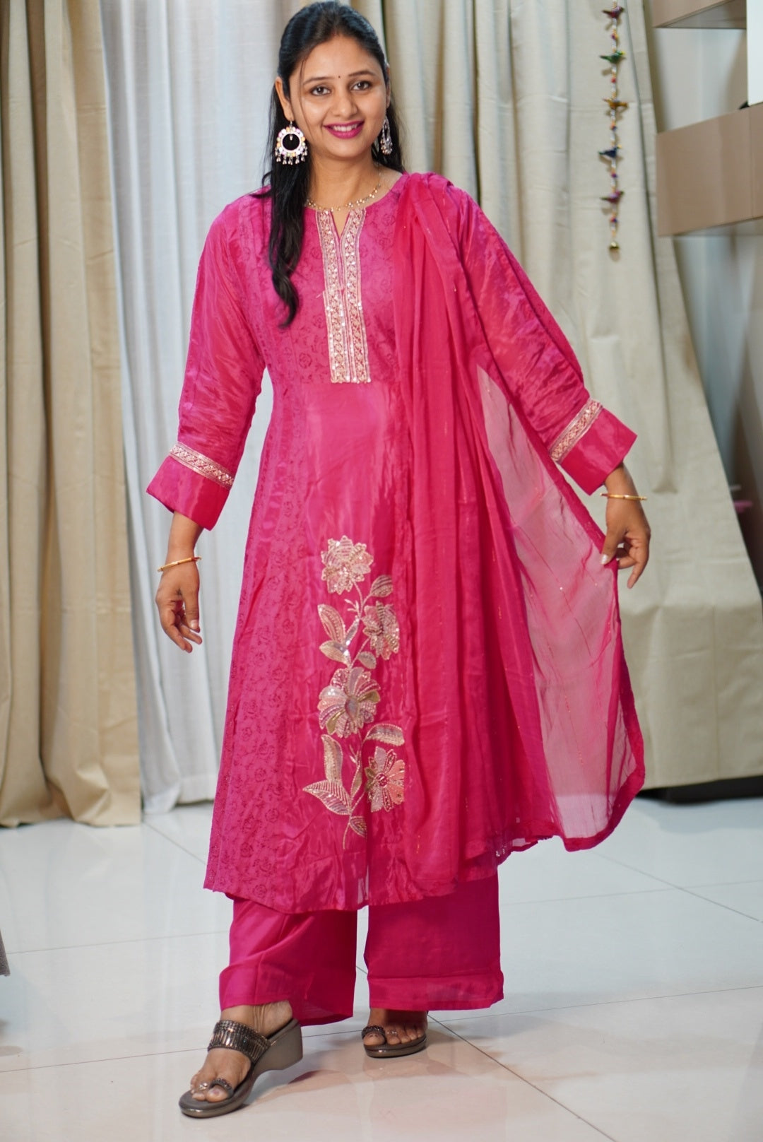 Fuchsia Pink Designer Kurta Set with Floral Embroidery | Straight Kurta with Pants & Dupatta | Women's Ethnic Wear